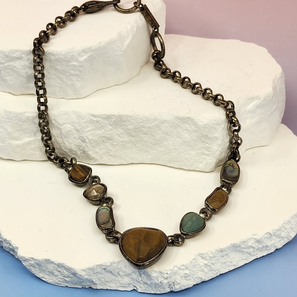 Kenneth Cole Tiger's Eye Abalone Mixed Stone Chain Necklace Boho Statement 16in